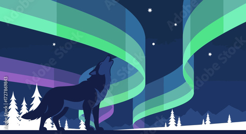 A lone wolf howls under the vibrant green and purple Northern Lights in a snowy forest landscape.