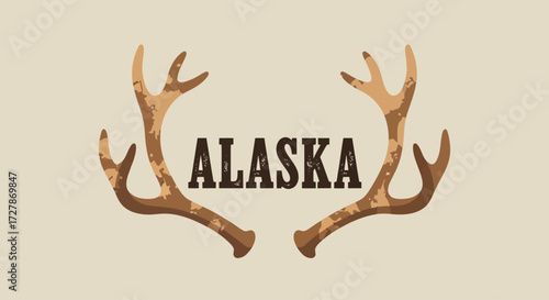 Vintage-style illustration of the word 'ALASKA' embraced by two majestic brown antlers on a light beige background, symbolizing wilderness and adventure.