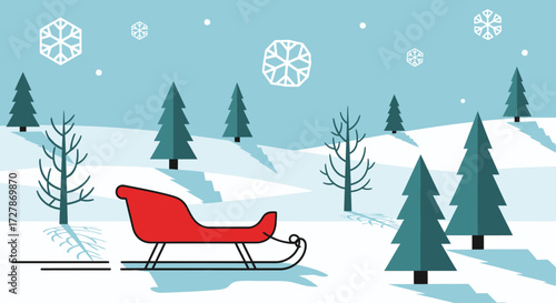 A vibrant red sled glides across a snowy landscape with evergreen trees and falling snowflakes.