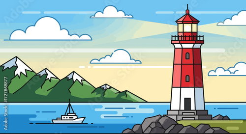 A vibrant illustration of a lighthouse guiding a boat on the ocean, with mountains and clouds.