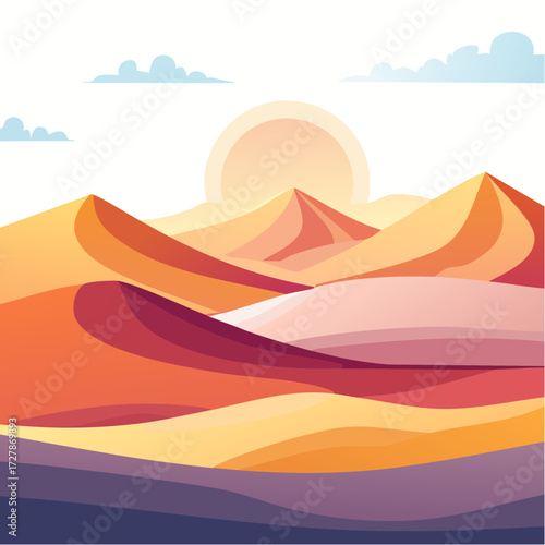 A stylized illustration of rolling desert dunes under a warm, hazy sunrise, with soft clouds in a pale sky.