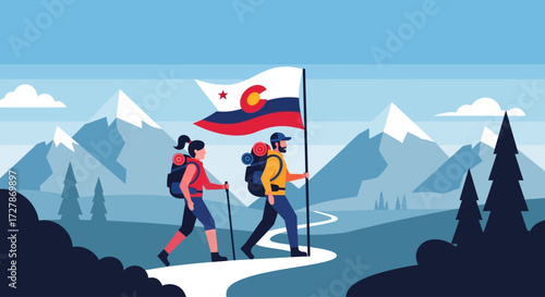 Two hikers, a man and a woman, trek along a mountain path carrying backpacks and a Colorado flag, with snowy peaks in the background.