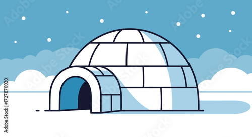 Simple, outlined drawing of an igloo on a snowy landscape.