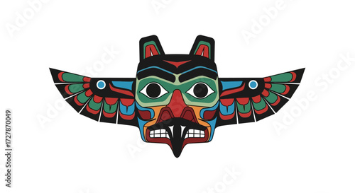 A vibrant, stylized illustration of a traditional Native American totem with outstretched wings.