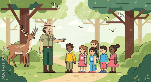 A park ranger leading a group of children, pointing towards a deer in a forest scene.