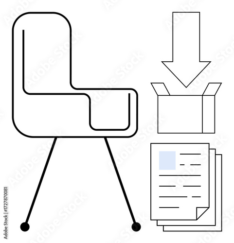 Office chair, papers, and box with arrow conveying organization, moving, workplace setup, task delegation, productivity, business operations and minimalism. Ideal for clean flat metaphor