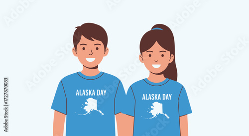 Two children wearing matching blue t-shirts featuring the Alaska Bay logo, smiling and standing side-by-side.