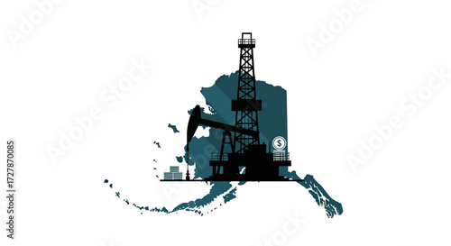 Silhouette of oil derricks superimposed on the outline of the state of Alaska, illustrating energy production.