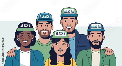 Group of five diverse people smiling and wearing "Alaska" baseball caps, standing close together in a friendly manner.