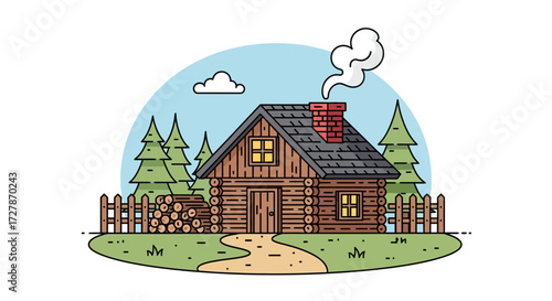 A rustic wooden log cabin with a smoking chimney nestled among pine trees behind a simple fence.