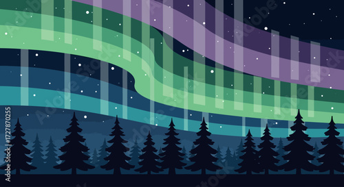 Colorful green and purple Northern Lights dance in the starry night sky above a silhouetted conifer forest.