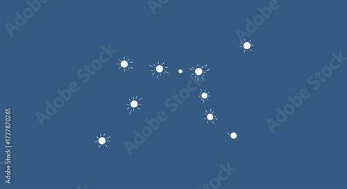 A minimalist representation of a constellation, featuring bright, star-like points of light arranged in a distinct pattern against a deep blue background, suggesting the night sky.