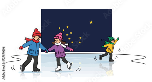 Three children in winter clothing joyfully ice skating on a frozen rink under a starry night sky.