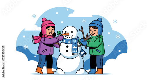 Happy children in warm coats and hats building a friendly snowman together in a winter scene.
