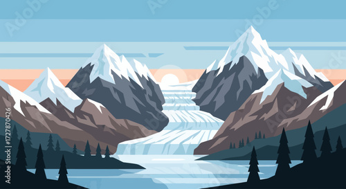 Stylized illustration of a mountain landscape with a flowing waterfall, serene lake, and rising sun.