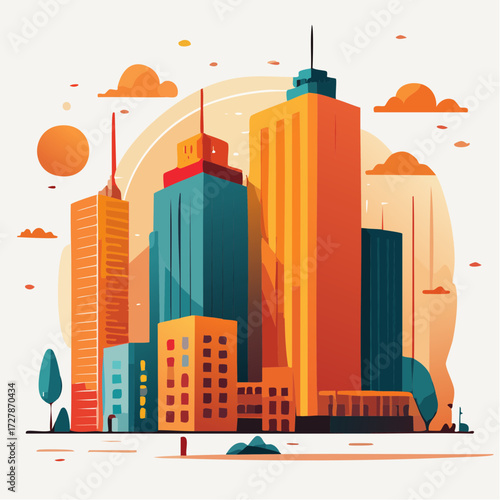 Modern city skyline with tall skyscrapers and colorful buildings in a flat vector illustration