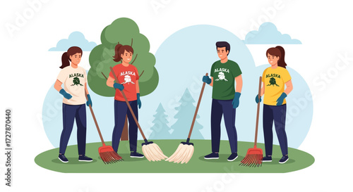 Four volunteers cleaning a park, holding brooms and mops, ready to work together.
