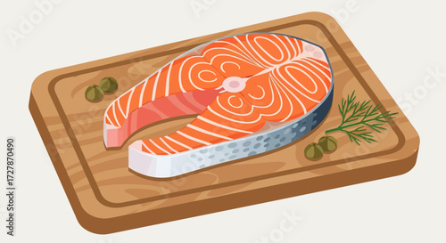 A vibrant illustration of a fresh salmon steak on a wooden cutting board, prepared with herbs.