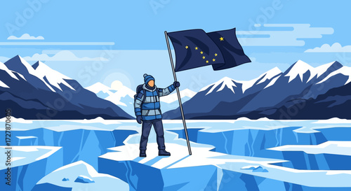 An explorer in winter clothing proudly holds the Alaska state flag on a frozen, icy landscape with snowy mountains.