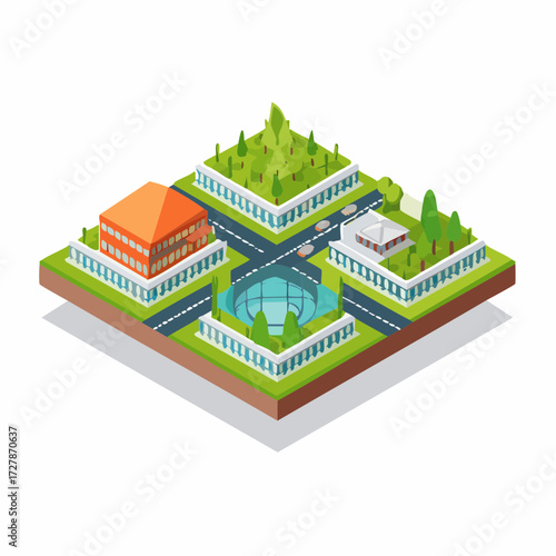 Cityscape Isometric Buildings and Green Space A Modern Urban Architecture Concept