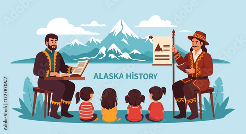 Two men in traditional attire teaching children about Alaska's history with a scroll and book against a backdrop of snowy mountains.