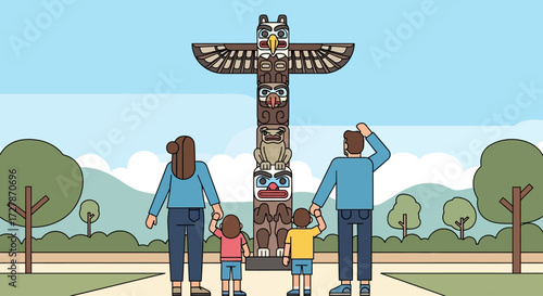 A family of four stands on a path, admiring a tall, traditional totem pole in a park setting under a clear sky.