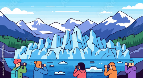 A group of tourists admire and photograph a majestic, towering glacier against a backdrop of snow-capped mountains and a clear blue sky, reflecting the beauty of nature.