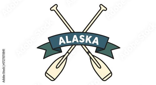 Crossed oars with a banner displaying "ALASKA" above, symbolizing adventure and exploration in the northern state.
