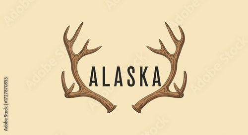 Rustic illustration featuring the word "ALASKA" centered between a pair of detailed, brown deer antlers against a soft, muted yellow background.