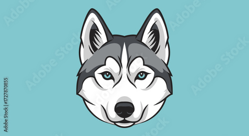 A stylized illustration of a husky dog's face with striking blue eyes and distinctive grey and white markings against a solid teal background.