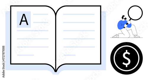 Open book with text lines, kneeling person with magnifying glass, and dollar sign. Ideal for education, research, learning, finance, information discovery, academic studies simple flat metaphor