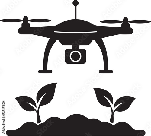 Modern black and white drone illustration with clean lines perfect for technology and aviation themes