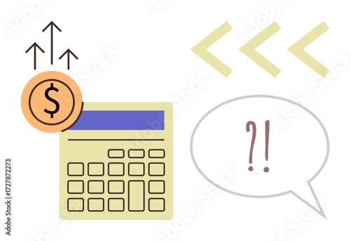 Dollar coin with arrows representing rising value, calculator symbolizing financial metrics, and speech bubble with question mark. Ideal for finance, budgeting, profits, growth, uncertainty