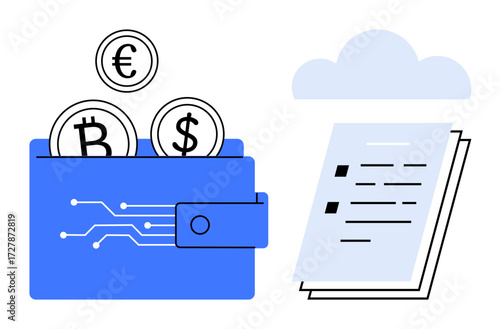 Digital wallet storing bitcoin, euro, and dollar coins beside documents under cloud storage. Ideal for finance, technology, cryptocurrency, digital transactions, cloud services, document management