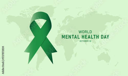 World Mental Health Day vector design template with Green ribbon and world map elements