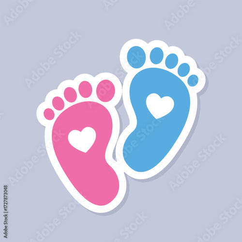 gender reveal party decoration, baby boy and baby girl footprints, blue and pink kids feet with a heart symbol, baby shower sticker, vector illustration