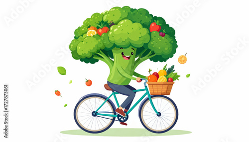 Broccoli Character Rides a Bicycle with Fresh Fruits Illustration for Healthy Lifestyle