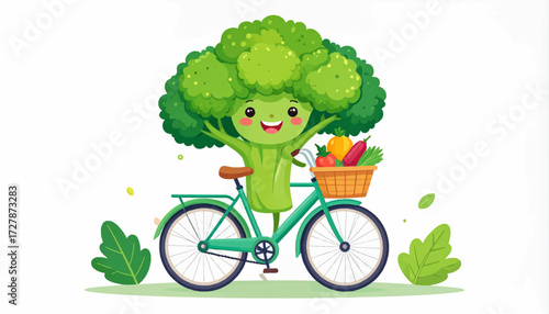 Cheerful Broccoli Riding a Bicycle A Fun Illustration Promoting Healthy Eating and an Active Lifestyle