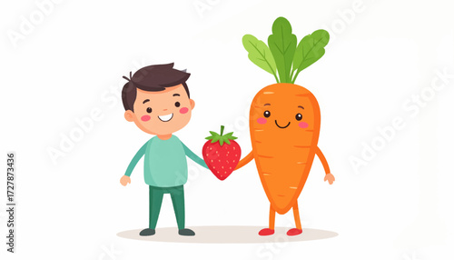 A friendly exchange a child gifting a strawberry to a happy carrot, promoting healthy eating