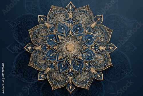 Intricate Gold and Blue Mandala on Dark Background, Detailed Ornamental Design.
