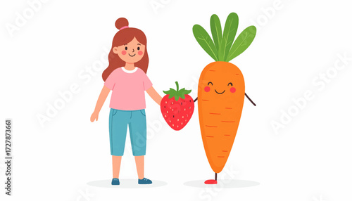 A cheerful cartoon girl holding a happy strawberry stands with a friendly carrot character. A cute illustration promoting healthy eating and friendship