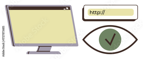 Computer monitor, URL bar, and checkmark inside an eye outline emphasize validation, accessibility, and web design. Ideal for technology, UXUI, development, accessibility online security