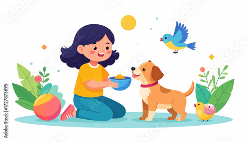 A Happy Girl Feeding Her Adorable Dog Outdoors Surrounded by Nature and a Bird