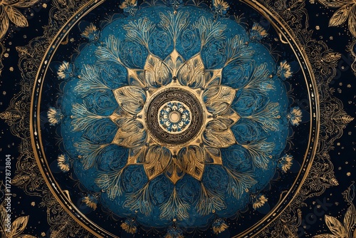 Intricate Teal and Gold Mandala with Celestial Starry Background and Floral Motifs.