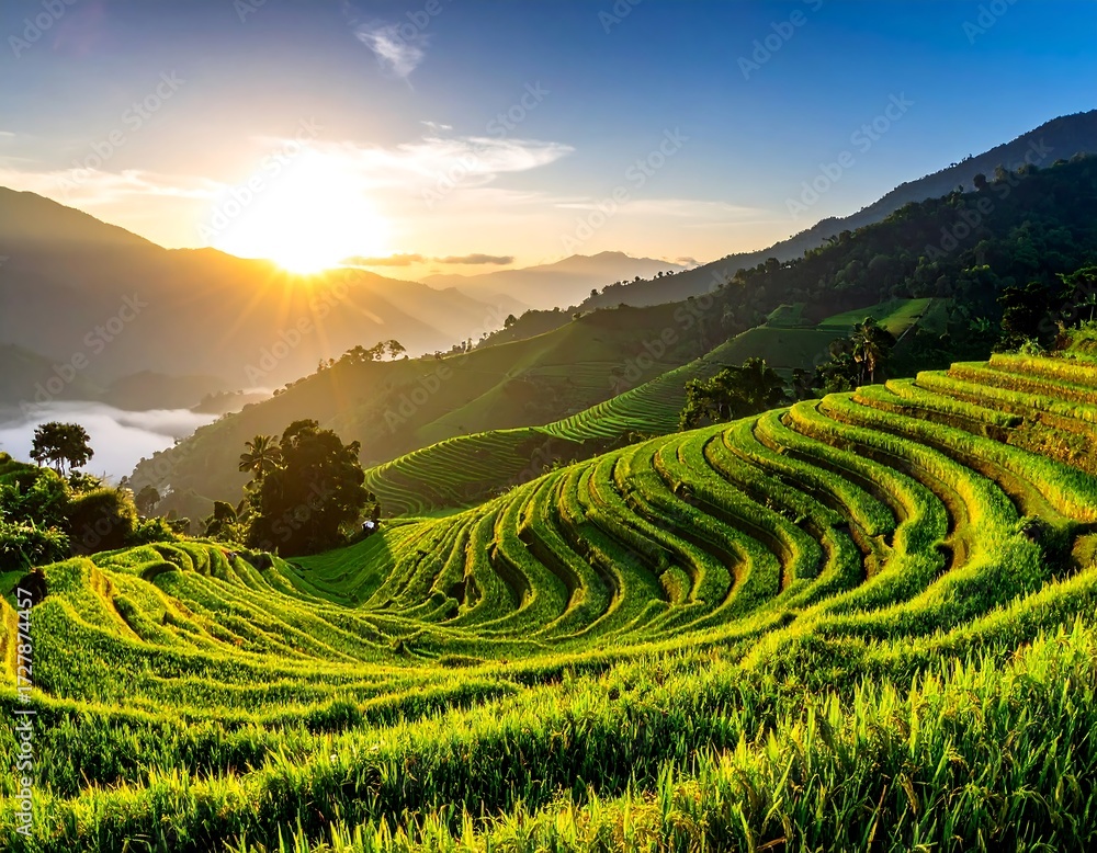 Fototapeta premium Lush terraced rice paddies at sunrise