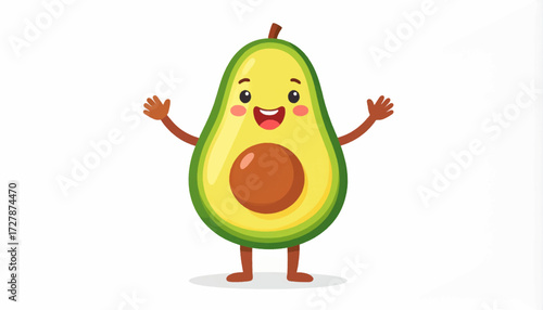 Cute and cheerful cartoon avocado character illustration, a healthy fruit smiling and waving, perfect for food, health, or children's designs with a playful vibe