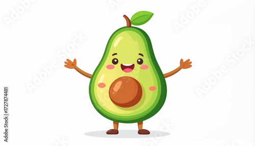 Cheerful and friendly cartoon avocado character smiling brightly, an adorable illustration radiating healthy vibes perfect for nutrition and promoting a wholesome, plant-based lifestyle