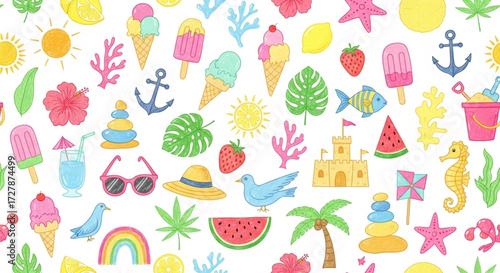 Vibrant Beach-Themed Illustrations of Ice Creams, Suns, and Sea Life