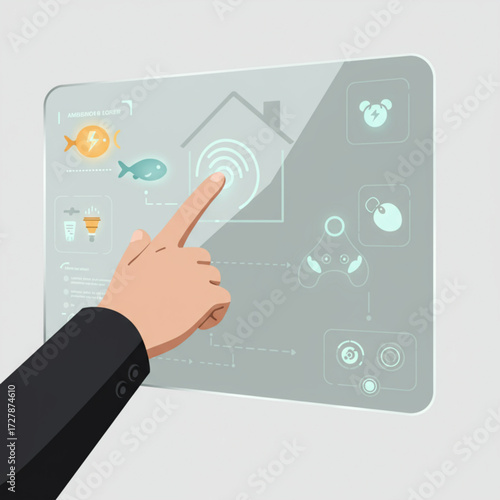 Hand touching futuristic smart home control screen, vector illustration