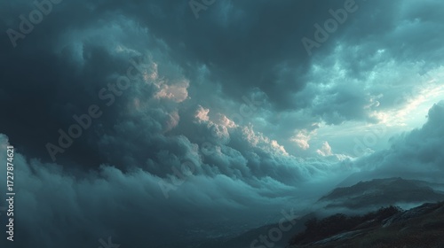 Spectacular Cumulus Clouds at Sunset above a Mountain Range Landscape
